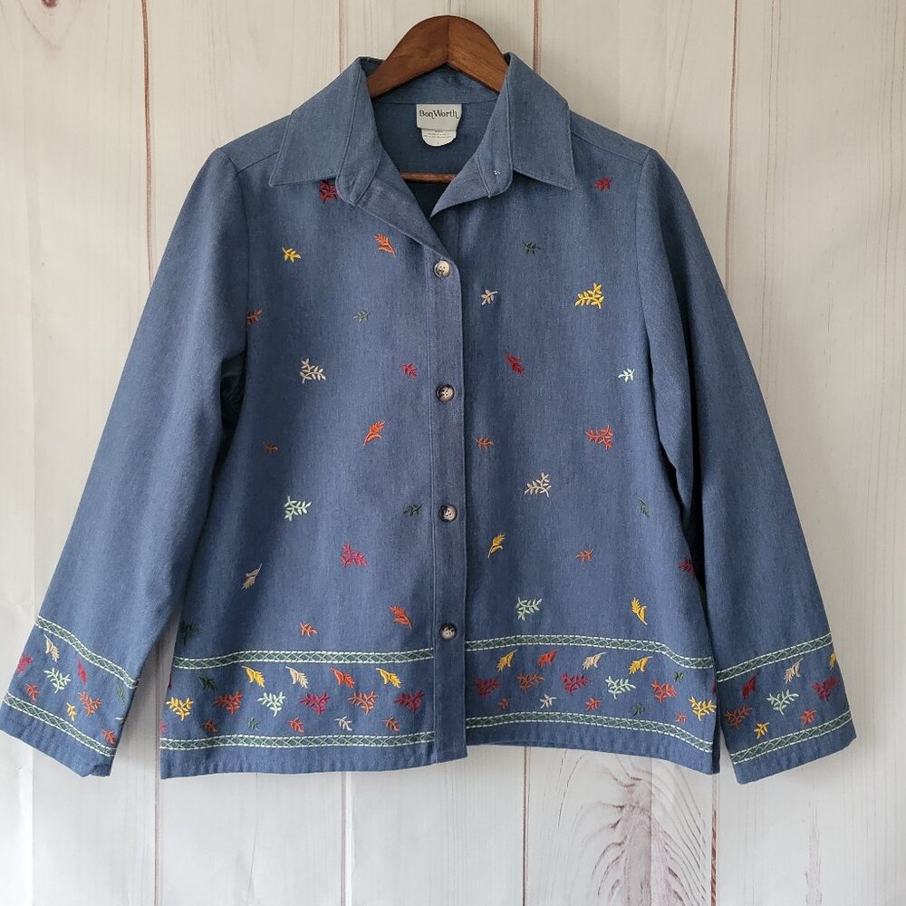 BonWorth Vintage 90’s Embroidered Long Sleeve Blue Denim Button Down Shirt EUC - Picture 1 of 10